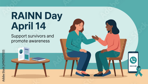 RAINN Day April 14 Awareness Illustration, Supporting Survivors of Sexual Violence, Counseling Session, Empathy, Advocacy Campaign, Flat Vector Modern Design