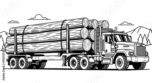 Large truck carrying logs on trailer.
