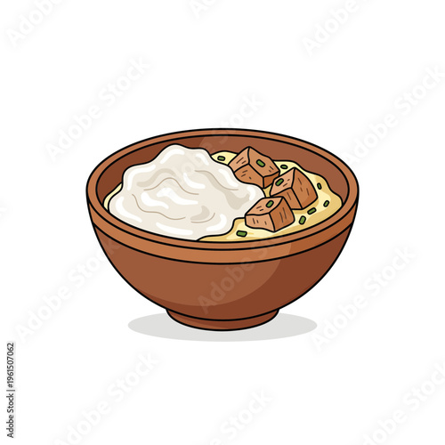 Cartoon Bowl of Grits with Pork Belly and Green Onions