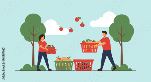Man and woman carrying fruit baskets.