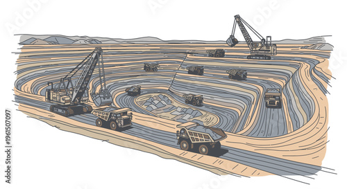 Mining trucks and excavators in quarry.