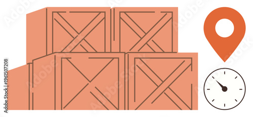 Logistics, supply chain management, cargo delivery, inventory tracking, shipping services, and time-sensitive operations. Stacked wooden crates with a location pin and a clock. Logistics and supply