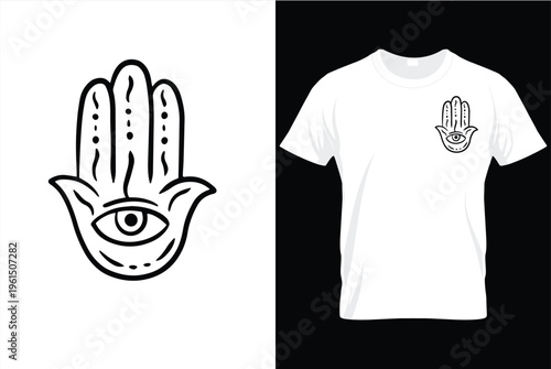 Mystical Hamsa Hand with Evil Eye Protection T-Shirt Vector Illustration
