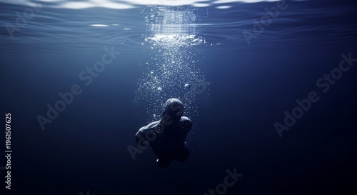 A shadowy form sinks slowly into dark, murky waters, surrounded by rising bubbles and cold shadows in a silent, deep indigo blue abyss, water, motion, suffocating