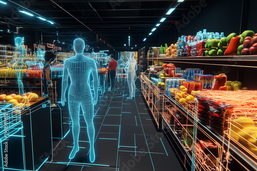 Visualization Modern AI assistant futuristic supermarket with sleek design augmented reality holographic product information.