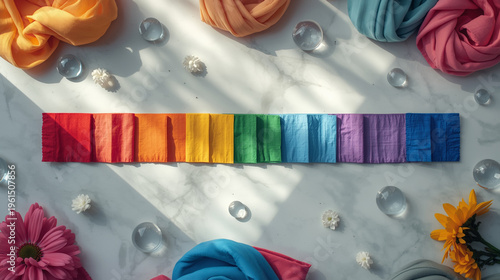 Minimalist rainbow paper strips with folded fabric rolls and white flowers on marble with long morning shadows