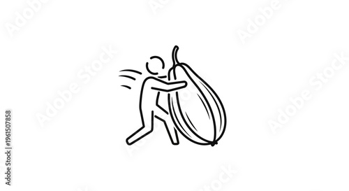 Dynamic monochrome graphic illustrating a human figure exerting effort to move an oversized fruit