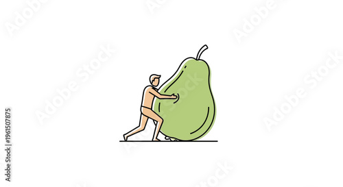 Human effort pushing an oversized pear, symbolizing a significant challenge and personal growth
