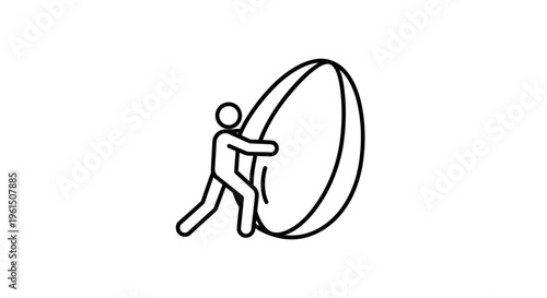 Iconic line art depiction of a person diligently pushing a large elliptical form, embodying