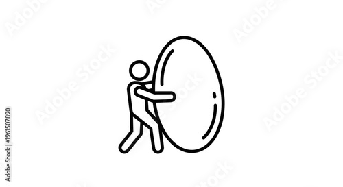 Minimalist outline icon depicting a person pushing a large oval object, symbolizing a challenging