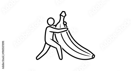 Stylized stick figure embraces a colossal banana representing wholesome fruit consumption
