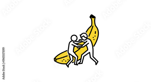 Minimalist graphic depicting two figures struggling playfully with a huge ripe yellow banana