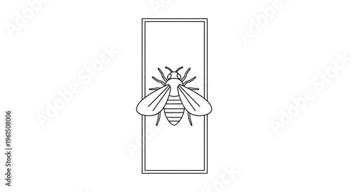 Minimalist black and white line art illustration of a solitary bee contained within a geometric