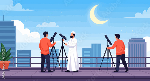 Men looking at moon.