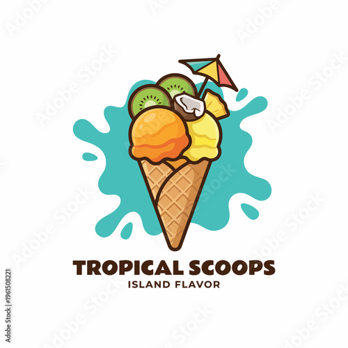 An enticing ice cream cone loaded with tropical flavors like kiwi and pineapple, adorned with a colorful umbrella, representing summer treats and joyful experiences.