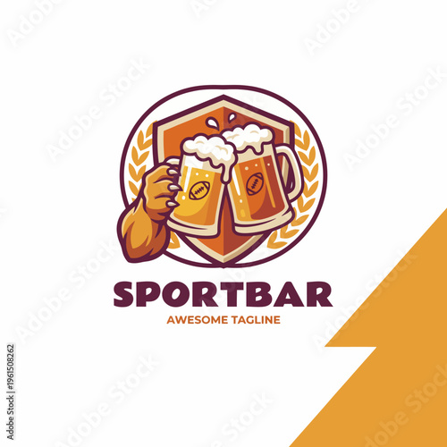 This lively sport bar logo showcases two beer mugs clinking, conveying a sense of celebration and camaraderie, ideal for pubs, sports bars, or event promotions.