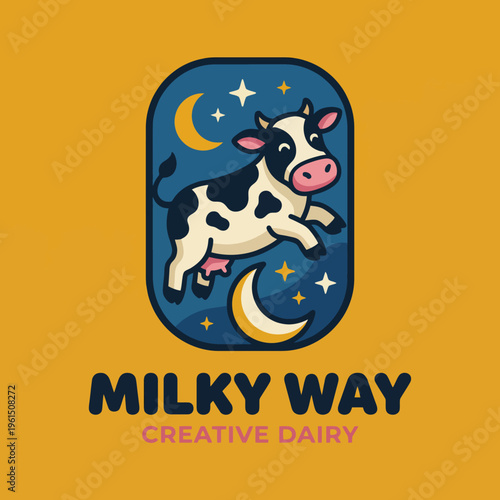 This whimsical logo illustrates a cow leaping among stars and moons, creatively linking dairy products with a cosmic theme, perfect for a dairy brand aiming for uniqueness.