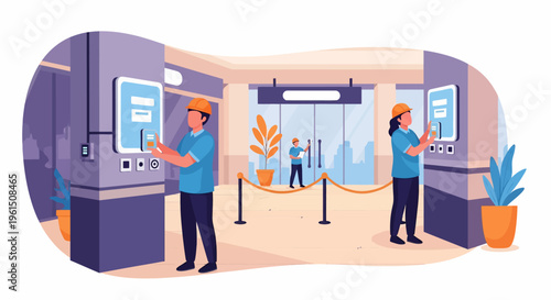 People using ticket vending machines.