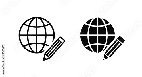 Vector illustration of globe with pencil icon, global education or world writing concept