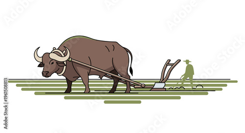 Brown bull pulling a wooden plow.