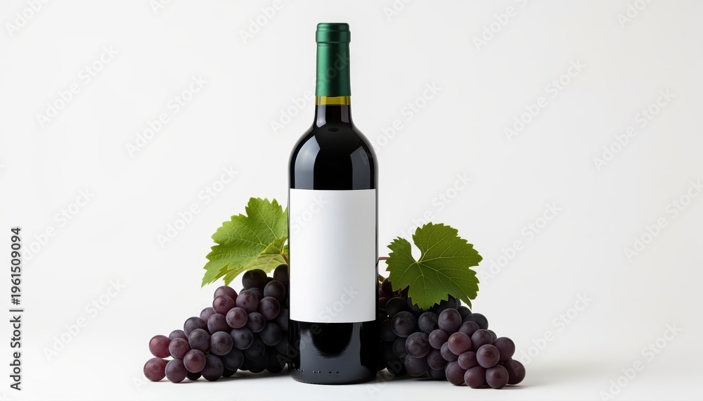 Obraz premium Wine and Grapes Still Life: A pristine bottle of rich red wine stands elegantly beside a cluster of fresh grapes, the composition enhanced by the delicate beauty of verdant leaves.