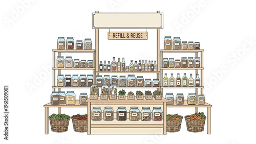 Wooden Shelves with Jars and Baskets Display.