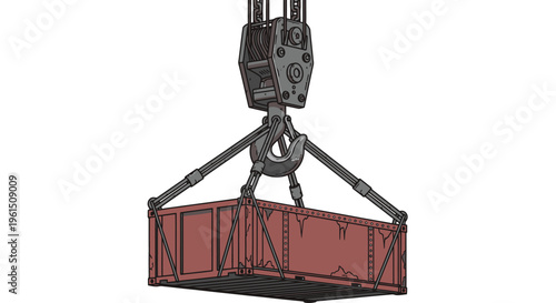 Industrial crane lifting red container.