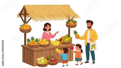 Family Shopping at Fruit Market Stall.