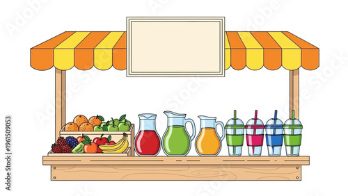 Colorful Juice Stand with Fresh Fruits.