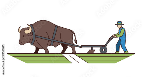 Man plowing field with brown bull.