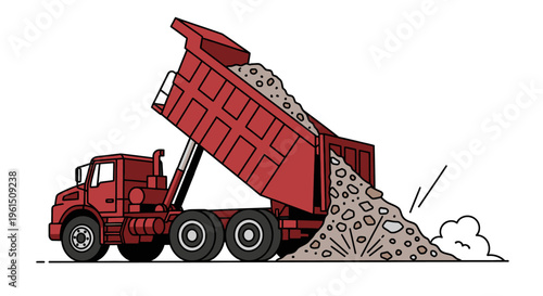 Red dump truck dumping gravel.