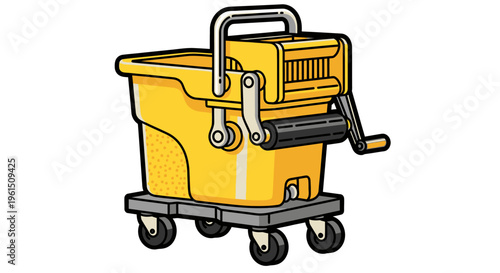 Yellow mop bucket on wheels.