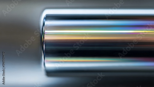 Polished chrome cylinder with reflective surface and smooth highlights. Industrial metal macro background for technology design
