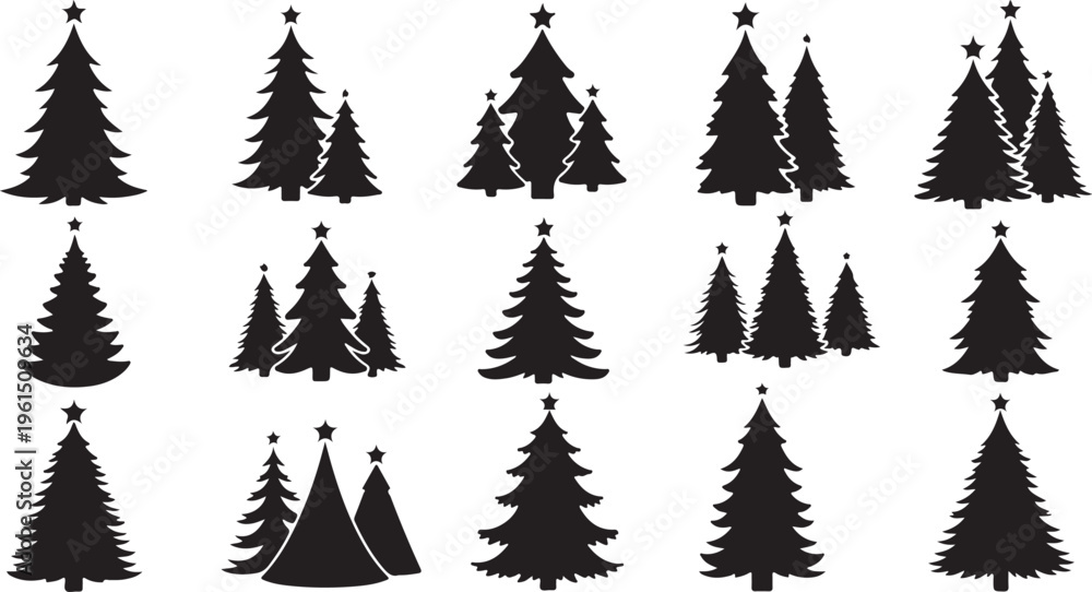 Obraz premium A set of black Christmas tree silhouettes on a white background, featuring various pine and fir tree designs, including single trees and forest clusters topped with stars for festive holiday branding.