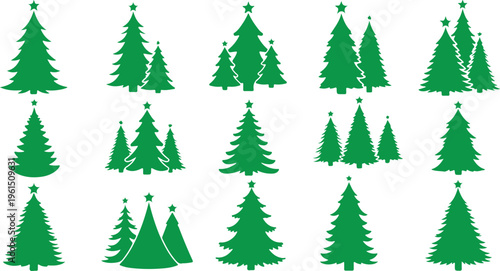 A set of green Christmas tree silhouettes on a white background, featuring various pine and fir tree designs, including single trees and forest clusters topped with stars.