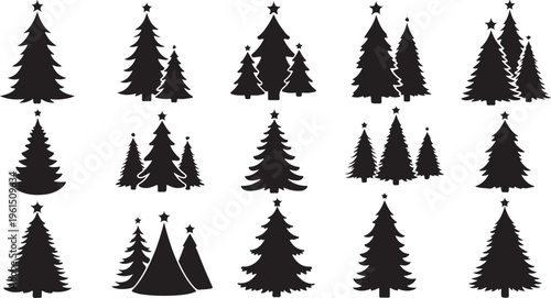 A set of black Christmas tree silhouettes on a white background, featuring various pine and fir tree designs, including single trees and forest clusters topped with stars for festive holiday branding.