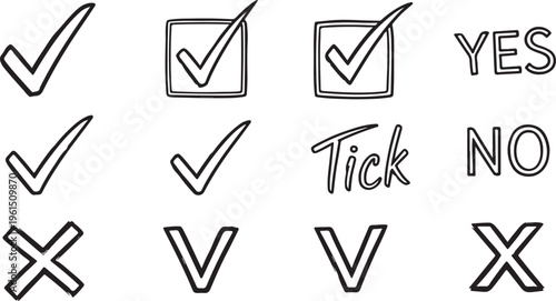 A collection of black outline tick marks and cross icons featuring various checkmark styles, checkboxes, "YES," "NO," and "Tick" text elements.