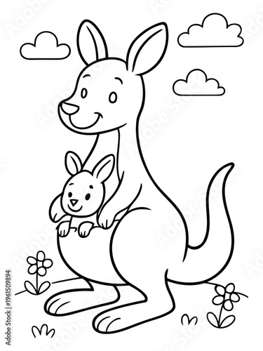 A Mother Kangaroo's Love: A heartwarming black and white illustration depicts a mother kangaroo with her joey nestled safely in her pouch, surrounded by simple elements of nature.