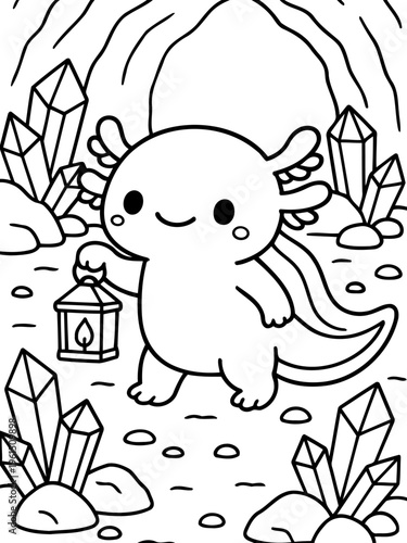 Axolotl in Cave: A charming axolotl with a lantern in hand inside cave filled with crystals, ready for adventure and discovery.