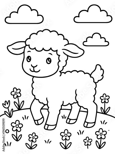 Adorable Lamb's Playtime: A charming black and white illustration of a playful lamb frolicking amongst blooming flowers under a cheerful sky.