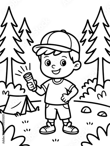 Young Explorer's Adventure: A charming illustration depicts a young boy, equipped with a flashlight, standing amidst a tranquil forest scene, ready to explore.