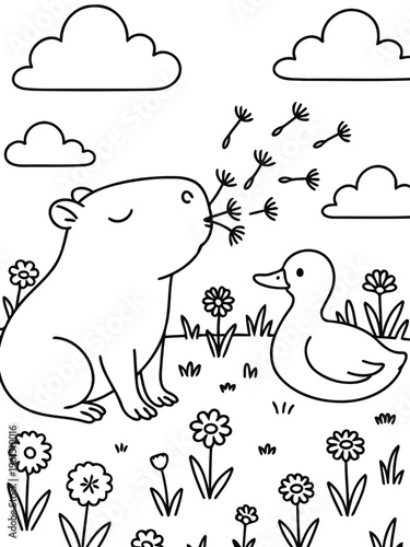 Whimsical Meadow Companions: An illustration shows a delightful scene of a Capybara and Duckling sharing a moment of playful interaction amid a field of wildflowers, with fluffy clouds.