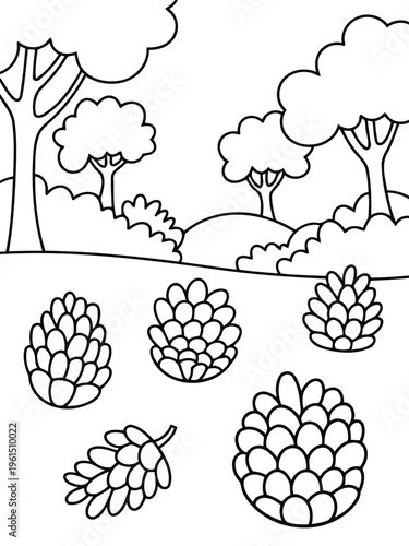 Pinecones and Forest Scene: A charming illustration featuring detailed pinecones scattered in the foreground, with a lush forest backdrop. A scene for coloring or nature illustration.