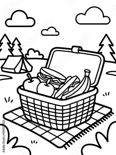 Picnic Basket Outing: A delightful picnic basket brimming with tasty treats sits amidst a serene outdoor scene, beckoning for a leisurely day of enjoyment and relaxation.