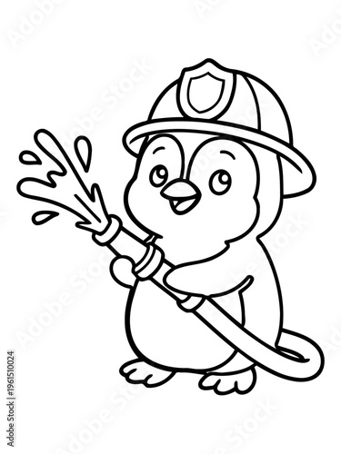Penguin Firefighter: A brave and adorable penguin, donned in a fire helmet, stands ready to combat blazes with a water hose, an illustration depicting courage and service. 