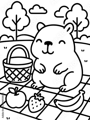 Picnic with a Smiling Hamster: This charming monochrome illustration shows a delightful hamster enjoying a picnic, evoking feelings of joy and playful whimsy.