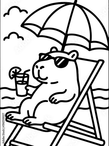 Relaxation Paradise: a cartoon capybara, donning shades, lounges blissfully on a beach chair under an umbrella, sipping a refreshing beverage