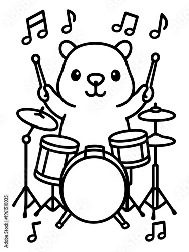 Cheerful Hamster Drummer: A charming illustration depicts a hamster enthusiastically playing a drum set, surrounded by musical notes, creating a scene of joyful musical performance.