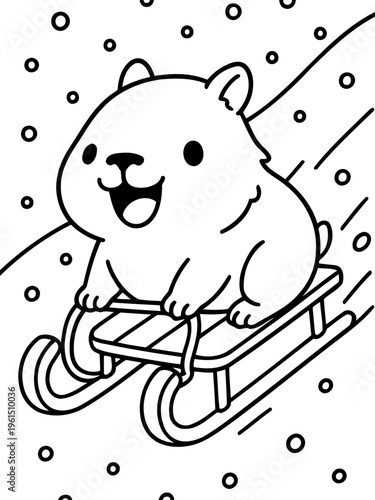 Sleigh Ride Adventure: A cheerful bear enjoys the thrill of a winter sled ride, smiling as it glides down a snowy slope, bringing joy and a sense of playful fun.