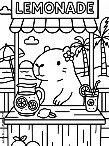 Lemonade Stand Illustration: A charming illustration depicts a friendly rodent running a refreshing lemonade stand at the beach, with tropical vibes. 